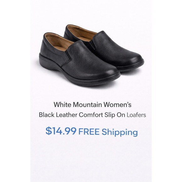 White Mountain Shoes - White Mountain Women's Black Leather Comfort Slip On Shoes Low Heel Size 7.5M
